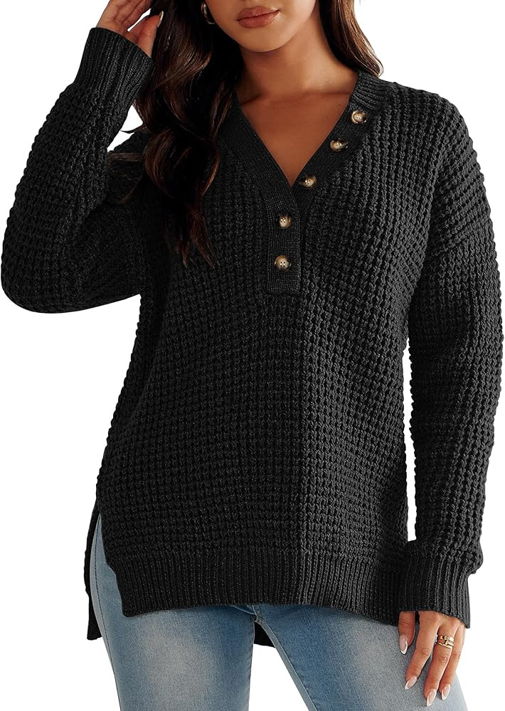 ANRABESS Womens Oversized Sweater Long Sleeve Loose V Neck Button Jumper Casual Waffle Side Slit ... | Amazon (US)