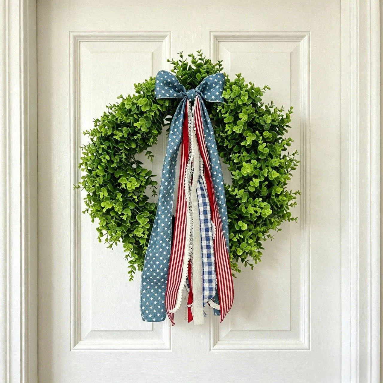 4th of July Decorative Patriotic Star Boxwood Wreath with Ribbons Bow, 14" Red White Blue Buffalo... | Walmart (US)