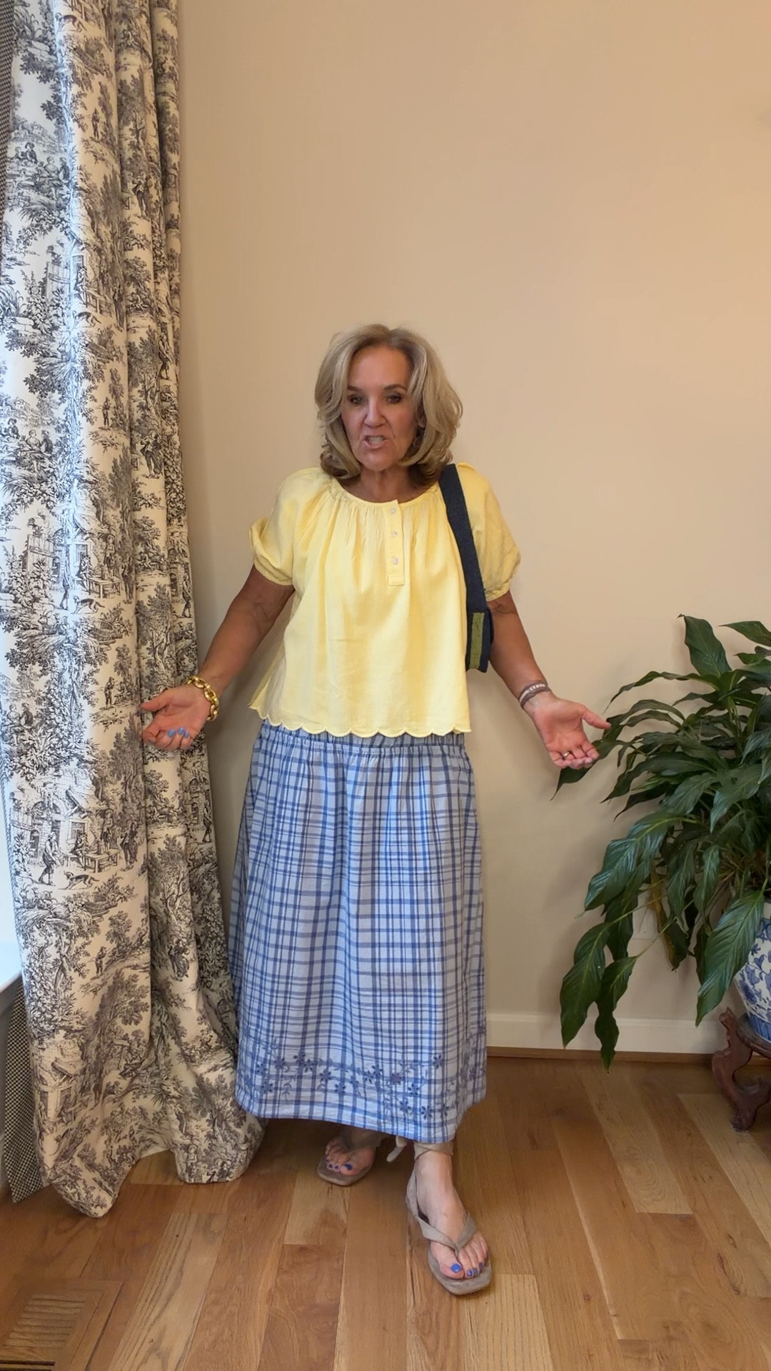 Walmart new arrivals wearing a medium. 

I think the beaded bag is sold out, but there might be another color available.

Spring outfit, Easter outfit, spring break, outfit, blue plaid skirt, yellow top

#LTKOver40 #LTKTravel #LTKPetite