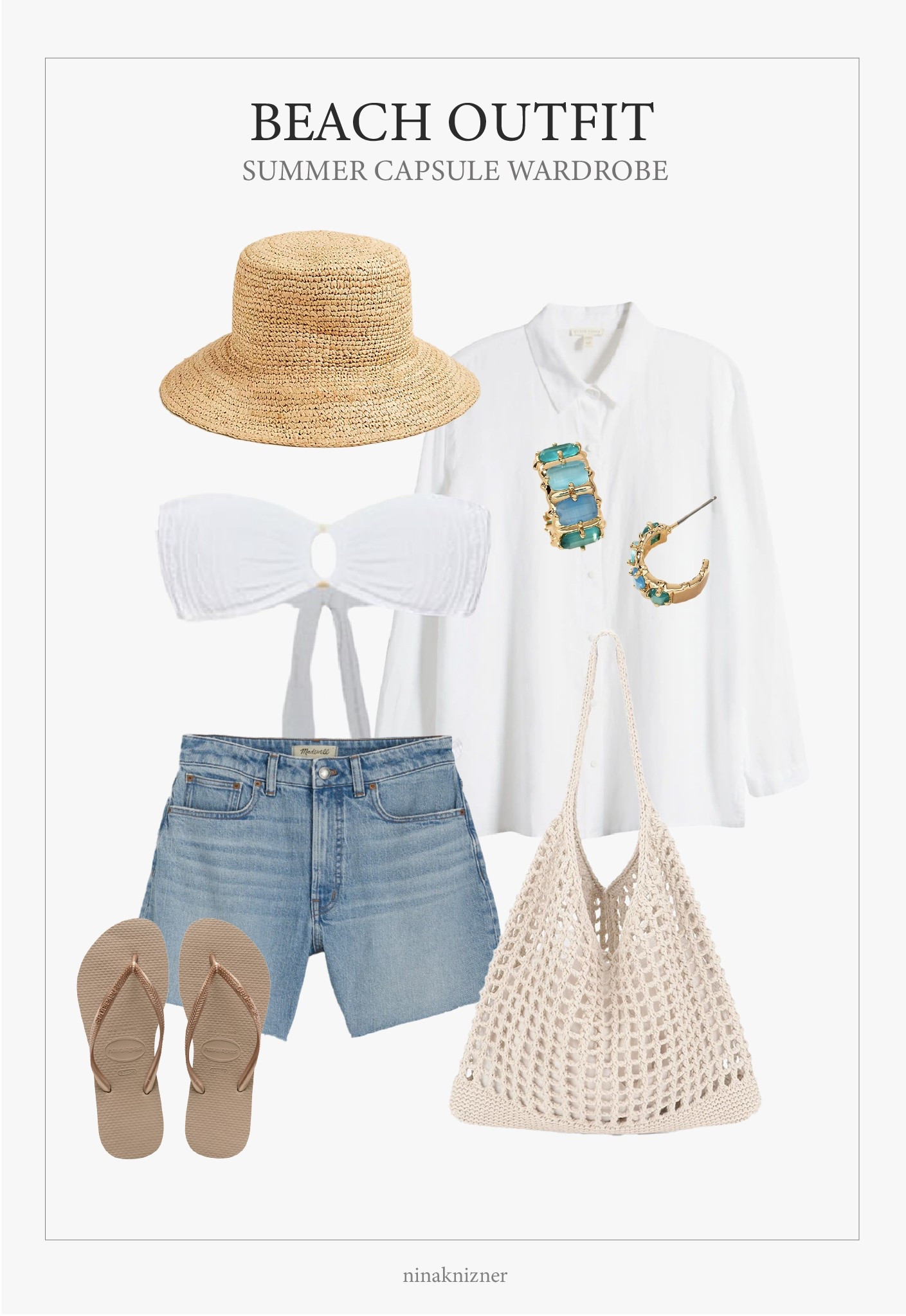 Casual and neutral summer outfit for sunny days by the beach, with a pop of blue and yellow. 

Versatile white, linen button up paired with denim shorts, a straw bucket hat, and an ivory crotchet bag. The must have flip flops of the season are these beige Havaianas. 

#beachoutfit #summeroutfit
#capsulewardrobe #modernluxe #quietluxury #neutraloutfits

#LTKSeasonal #LTKStyleTip #LTKSwim