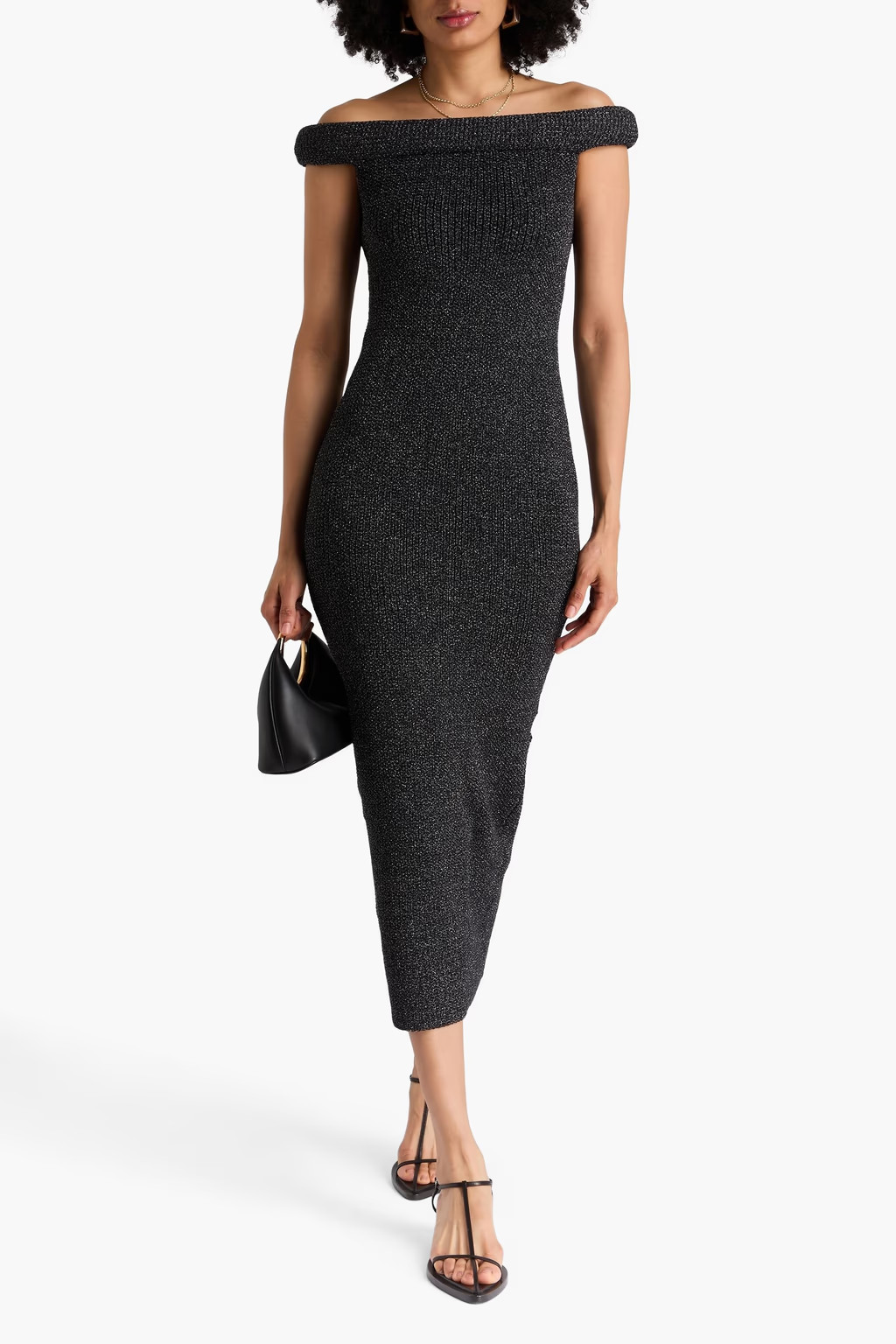 Off-the-shoulder metallic knitted midi dress | The Outnet (US and CA)