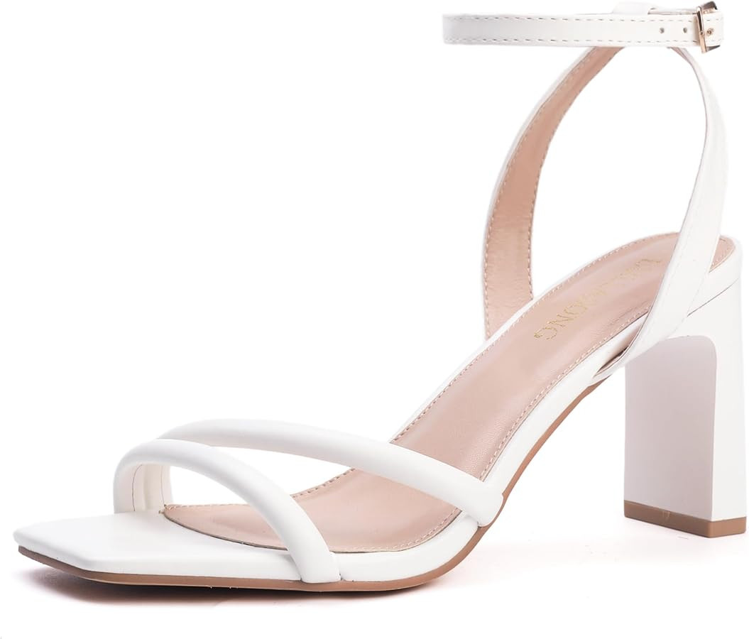 Womens Strappy Heeled Sandals Square Open Toe Chunky High Heels Strappy Ankle Buckle Pump Sandals... | Amazon (US)