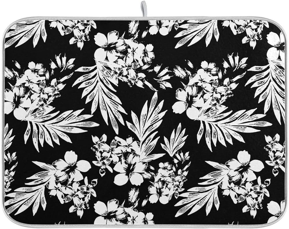 Black White Floral Mat for Drying Dishes Draining Mat Absorbent Drying Pad for Dishes 18 x 24 Inc... | Amazon (US)