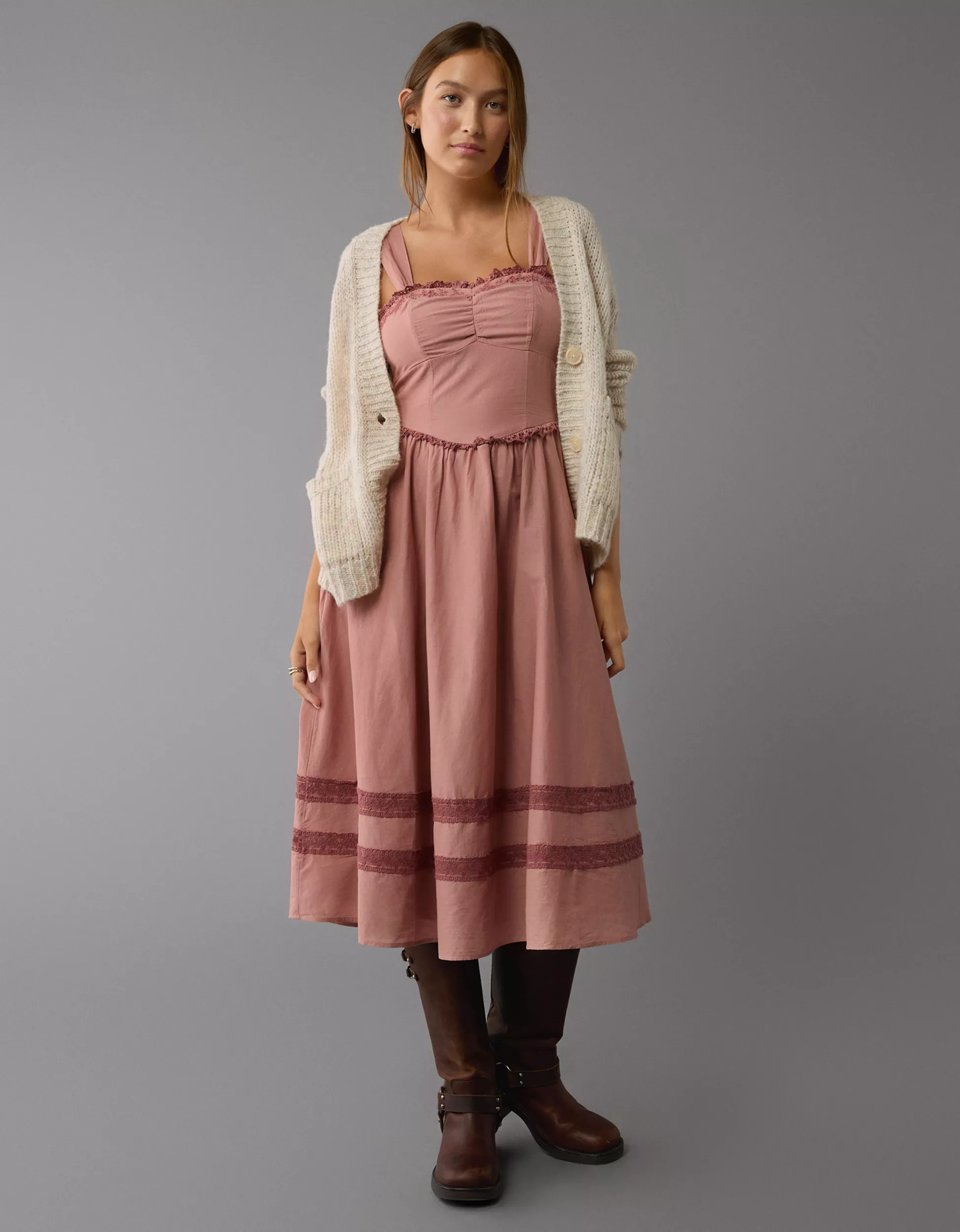 AE Corset V-Waist Midi Dress | American Eagle Outfitters (US & CA)