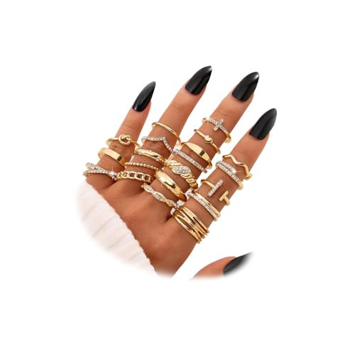 KISS WIFE Gold Silver Black Kunckle Rings Set for Women , Dainty Simple Trendy Cute Stackable Finger Rings Pack, Perfect for Stacking Layering on Thumb and Knuckle, Mixed Size, Jewelry Gift (Gold-Sparkling) | Amazon (US)