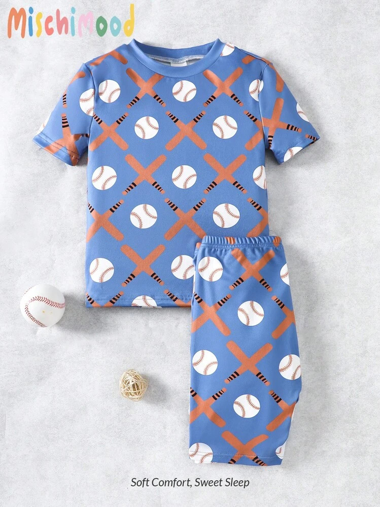 2pcs/Set Boys' Baseball Allover Print Snug Fit Blue Short Sleeve Shorts Pajama Set, Comfortable A... | SHEIN