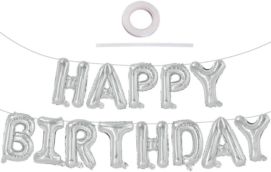 TONIFUL Silver Happy Birthday Balloons Banner, 16 Inch Mylar Foil Letters Sign Bunting Reusable E... | Amazon (US)