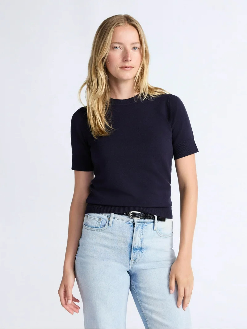 Free Assembly Women's and Women's Plus Cozy Yarn Shrunken Sweater Tee with Short Sleeves, Lightwe... | Walmart (US)