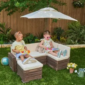 Outdoor Sectional Ottoman & Umbrella Set- Bear Brown & Beige | KidKraft