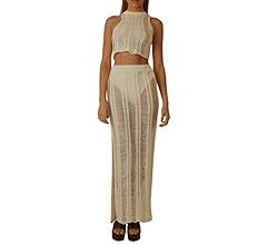 Women 2 Piece Crochet Long Skirt Set Sleeveless Mesh Lace See Through Ripped Crop Tank Top Split Kni | Amazon (US)