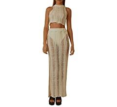 Women 2 Piece Crochet Long Skirt Set Sleeveless Mesh Lace See Through Ripped Crop Tank Top Split Kni | Amazon (US)