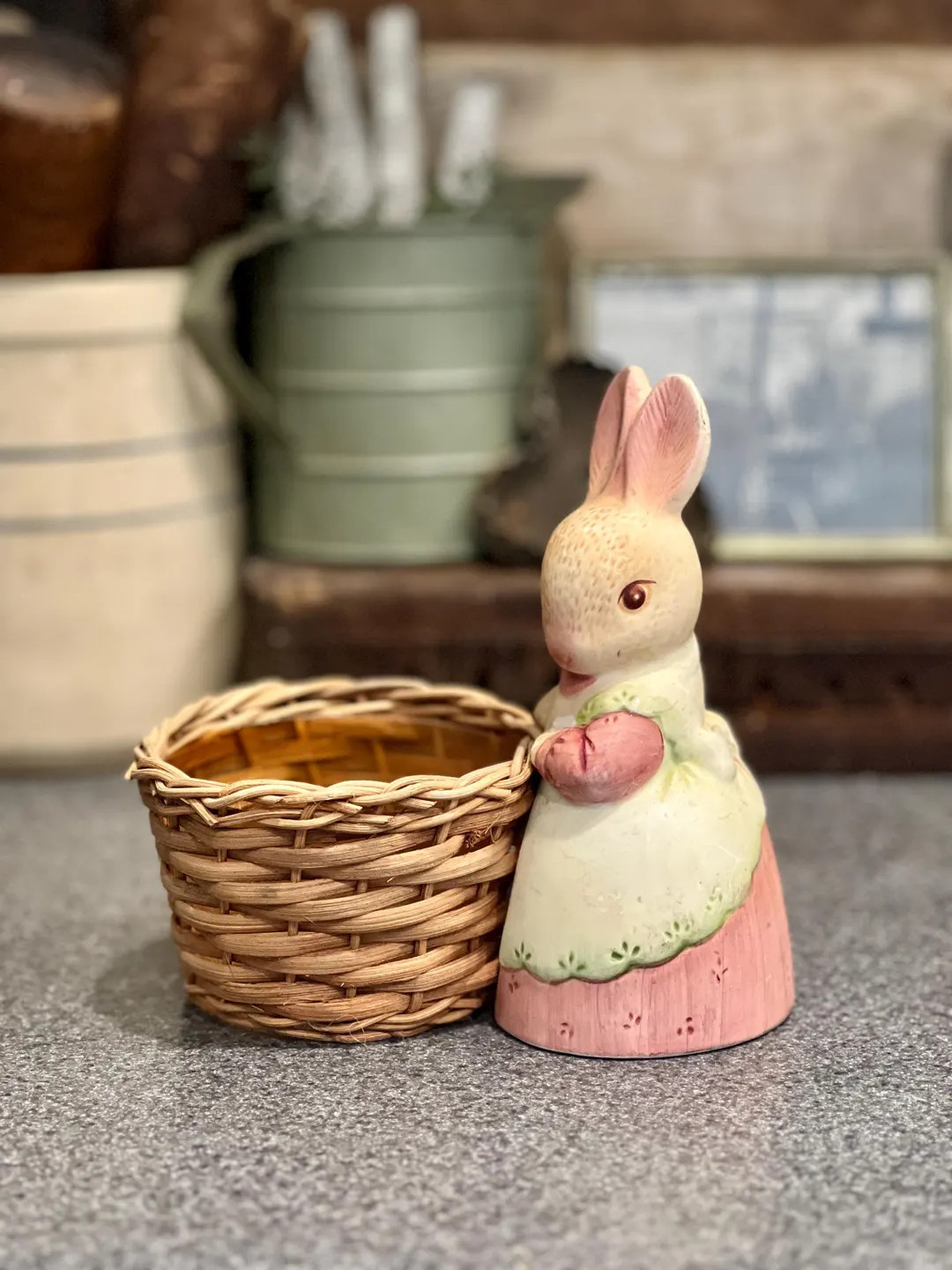 Vintage Ceramic Bunny Planter with attached wicker basket | Etsy (US)
