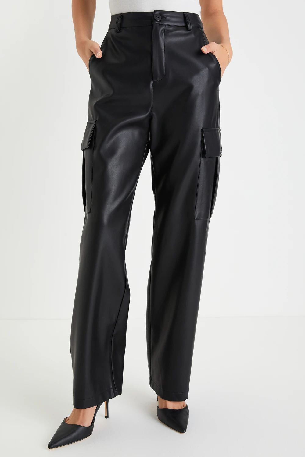 Smooth Style Black Vegan Leather Straight Leg Cargo Pants | Lulus (US)