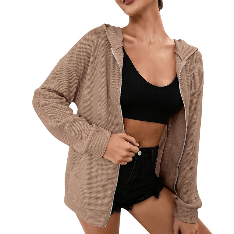 mveomtd Women Casual Full Zip Up Hoodie Comfy Loose Solid Sweatshirt Long Sleeve Jacket With Pock... | Walmart (US)