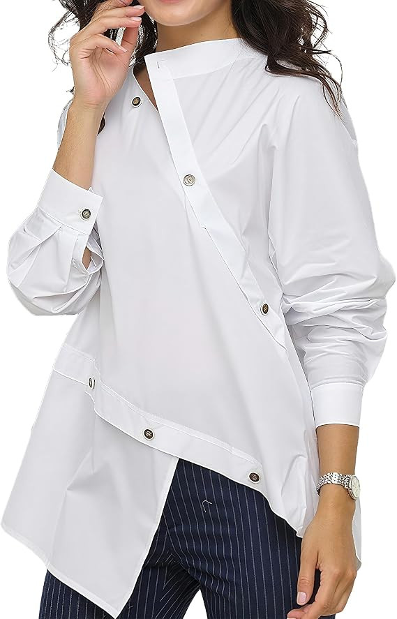 Buttoned Asymmetric Split-Front Blouses Long Sleeves Simple White Shirts Tops | Amazon (US)