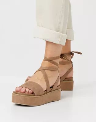 ASOS DESIGN Tessa tie leg flatform sandals in taupe | ASOS (Global)