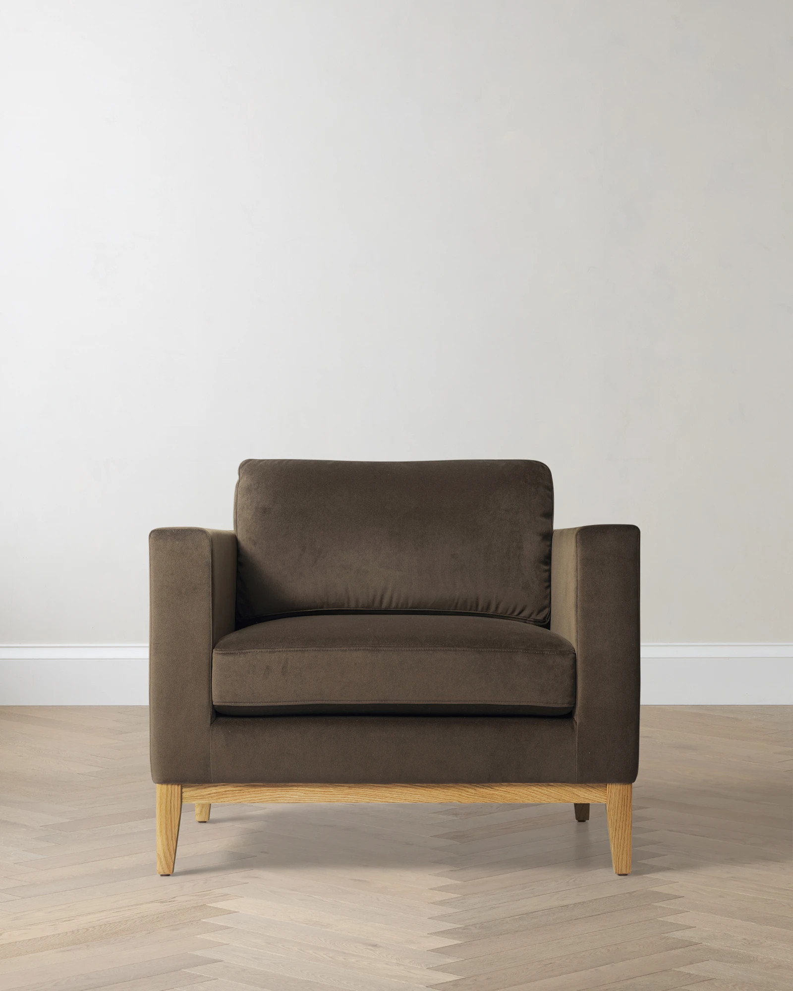 Quince | Performance Velvet Accent Chair with Solid Oak Base in Java | Quince