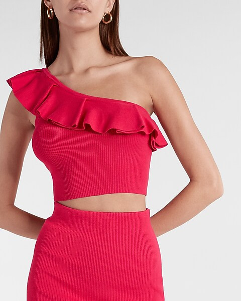 Body Contour Ruffle One Shoulder Cropped Sweater Tank | Express