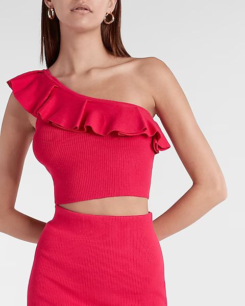 Body Contour Ruffle One Shoulder Cropped Sweater Tank | Express