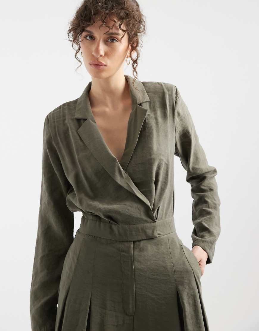 ASOS DESIGN cupro wrap jumpsuit in khaki green | ASOS (Global)