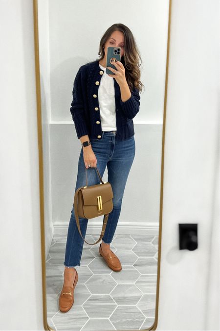 Wardrobe staples continued….
Knit cardigan in xs - tts 
White tee tts 
Loafers tts 
Mother Jeans tts - exact color is old, linked currently available one (same style. And I don’t find them to be mid-rise).  Linking similar styles for less  


#LTKSpringSale #LTKitbag #LTKshoecrush