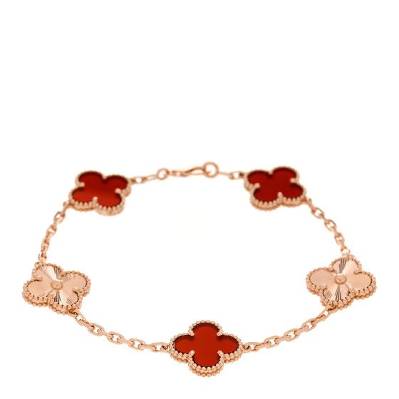 18K Rose Gold Carnelian 5 Motifs Guilloche Vintage Alhambra Bracelet | FASHIONPHILE (US)