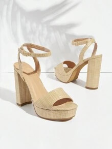 SHUZIA Women's Fashionable Simple Plaid Pattern High-Heeled Sandals With Thick Soles And Open Toe... | SHEIN