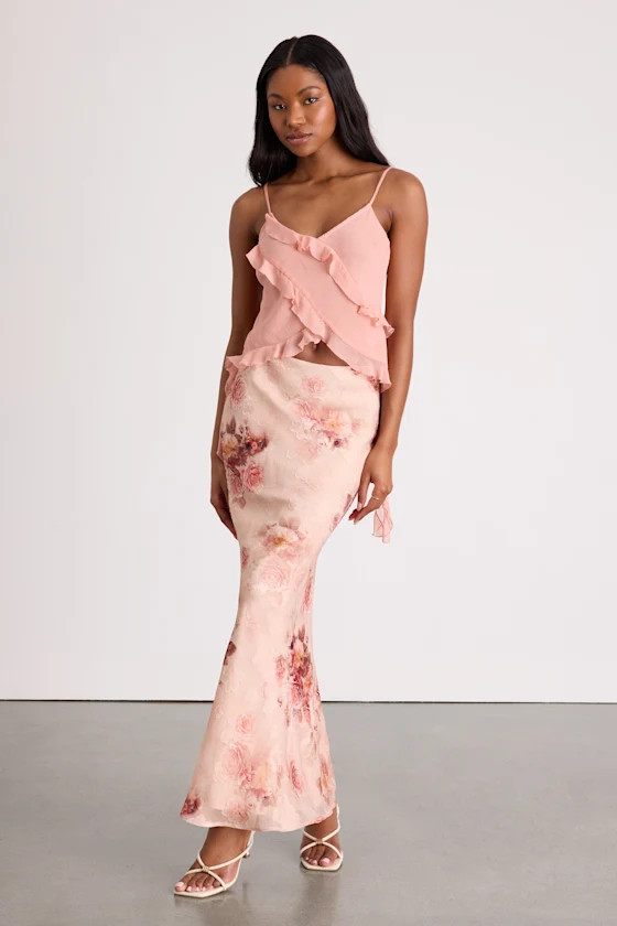 Adara Blush Floral Jacquard Slip Maxi Skirt | Lulus