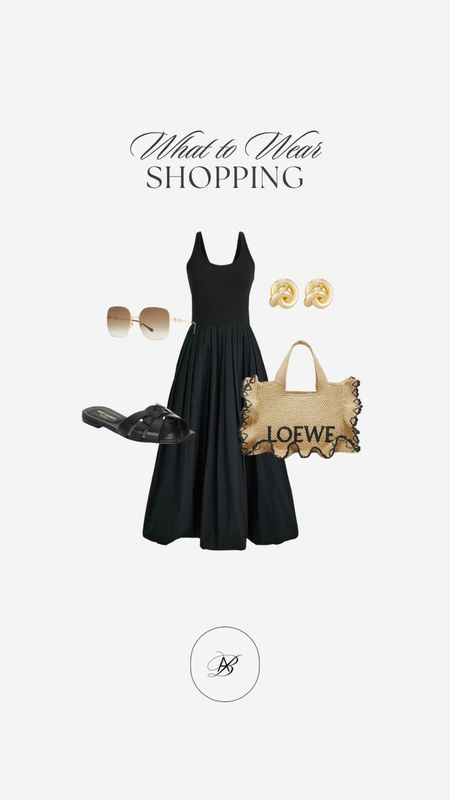 What to wearing on a shopping date with the girls! I am loving this long black dress from J.Crew! You can also wear this look on a summer date night! Also, this Loewe tote is a trending bag this summer! 🖤

Black dress, maxi dress, Loewe tote, gold earrings, oversized sunglasses, summer style, black sandals, elevated fashion, summer outfit inspo  

#LTKshoecrush #LTKSeasonal #LTKstyletip
