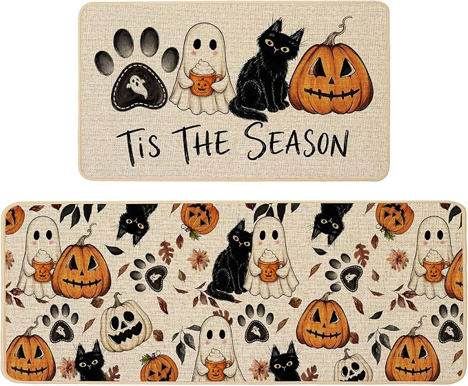 Baccessor Halloween Kitchen Rugs Set of 2, Dog Paw Ghost Black Cat Pumpkin Kitchen Mats Low-Profi... | Amazon (US)