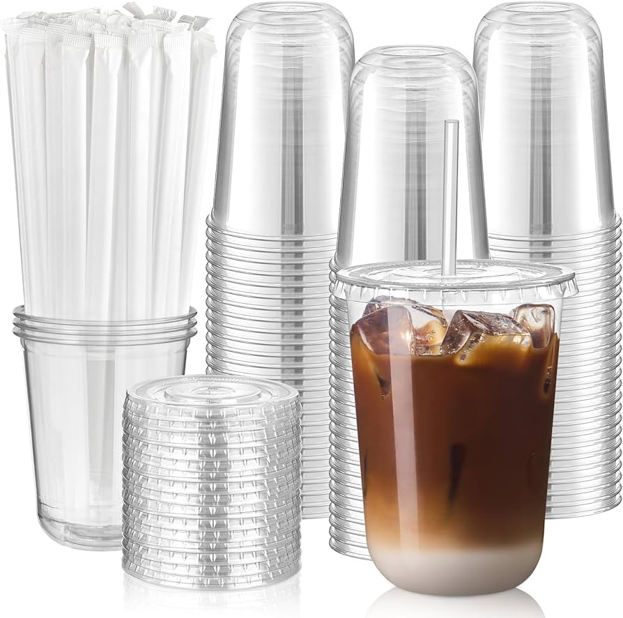 100 Pack 16 oz Round Bottom Clear Plastic Cups with Lids and Straws, Disposable Iced Coffee Cups ... | Amazon (US)