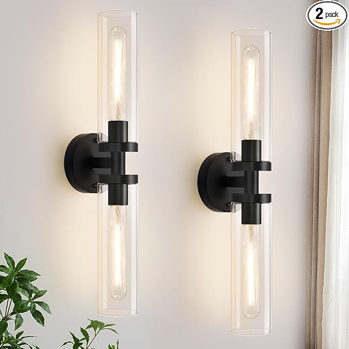 Wall Sconces Set of Two, Hardwired Matte Black Bathroom Sconces Wall Lighting with Clear Glass, M... | Amazon (US)