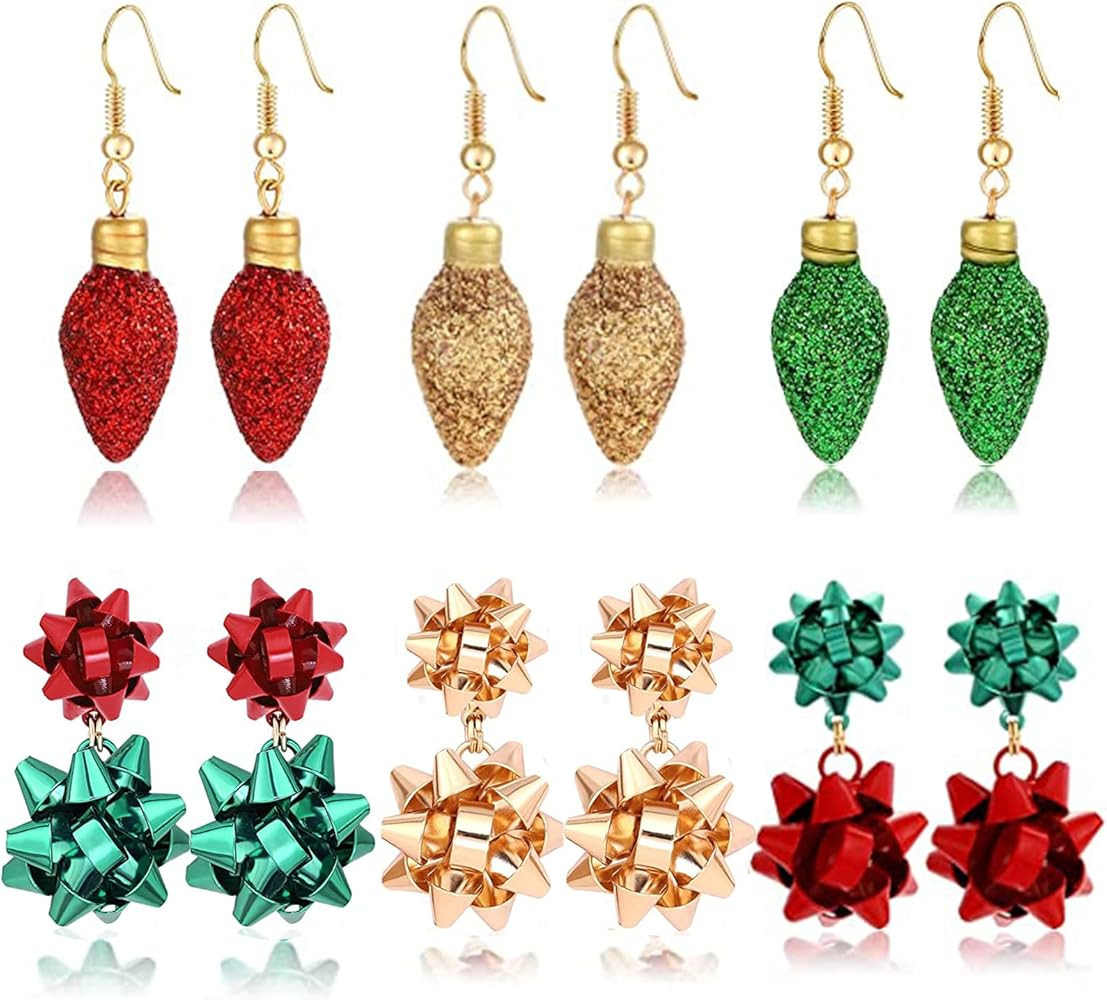 6Pairs Christmas Earrings Holiday Xmas Bow Earrings Glitter Light Bulb Dangle Earrings Hypoallerg... | Amazon (US)