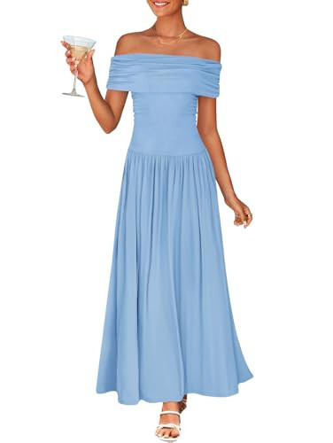 ZESICA Women's Off The Shoulder Maxi Dress 2025 Summer Sleeveless Casual Slim Swing Pleated Formal Party Dresses,Light Blue,X-Large | Amazon (US)