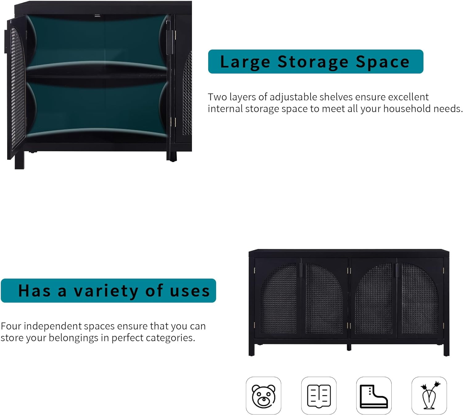 Modern Black Rattan Storage Cabinet - Freestanding Arched Buffet Sideboard with Metal Handles for... | Amazon (US)