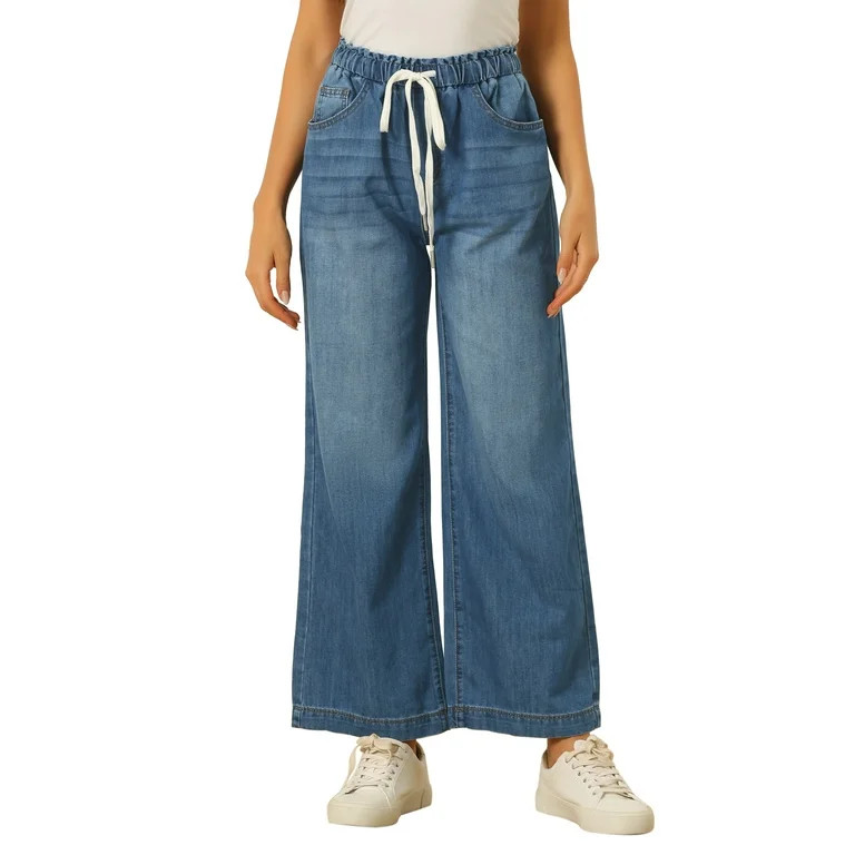 Allegra K Casual Denim Pants for Women's Drawstring Elastic Waist Wide Legs Jeans | Walmart (US)