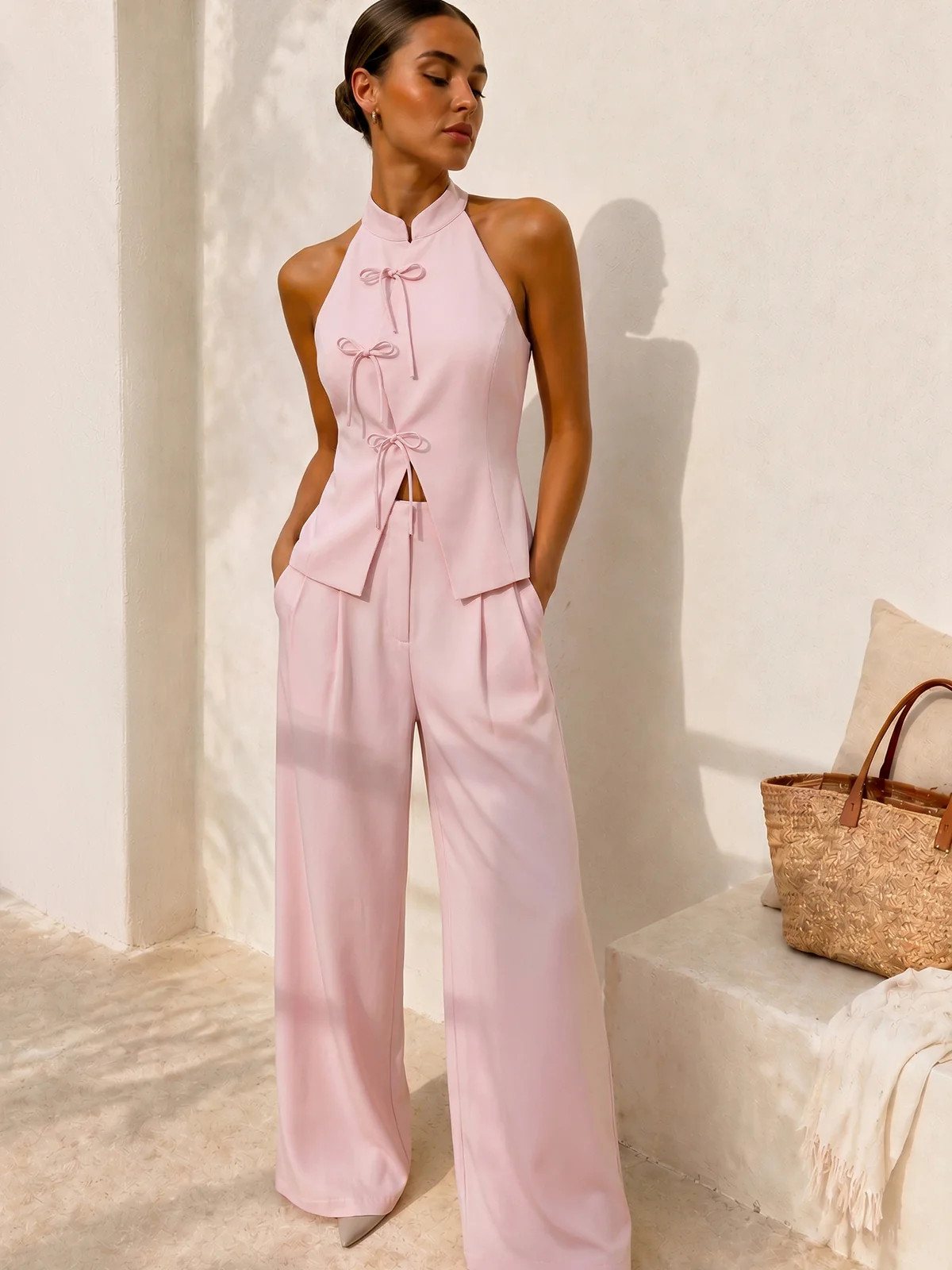 Mandarin Collar Two-Piece Pants Set | Commense
