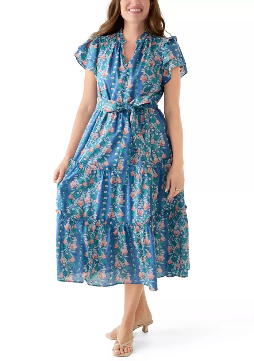 Petite Double Flutter Sleeve Belted Maxi Dress | Belk