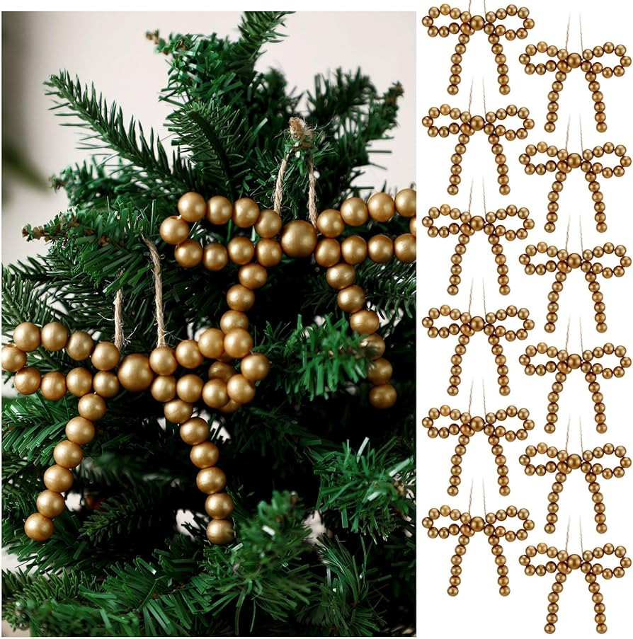 Hungdao 12 Pcs Christmas Tree Wood Beads Bow Ornaments Boho Christmas Tree Ornaments Farmhouse Wo... | Amazon (US)