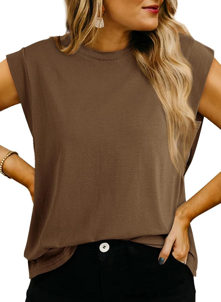 Dokotoo Womens Tops Dressy Casual Shirts Crewneck Cap Sleeve Tank Tops Basic Summer T Shirt | Amazon (US)
