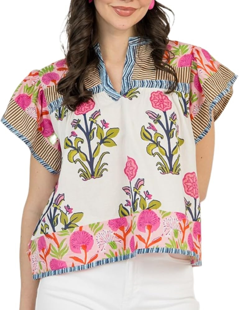 Women Floral Patchwork Short Sleeve Shirt Boho Flutter Sleeve V Neck Peplum Blouse Tops Summer Y2... | Amazon (US)
