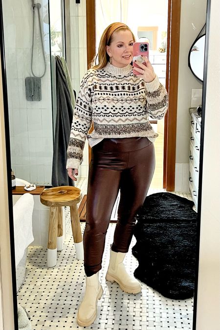 Outfit of the day! Brown faux leather pants with The Post fall sweater and cream lug boots. So cozy and cute! 🤎 My pants are on sale for $13!

This sweater would be so perfect for Thanksgiving!

Fall outfits 
Boots

#LTKstyletip #LTKHolidaySale #LTKSeasonal