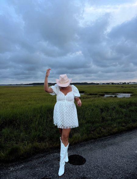 White summer dress and cowboy boots, country concert look, bridal shower look, white dress for a wedding look for bride

Wearing size large :)

#LTKStyleTip #LTKWedding #LTKMidsize