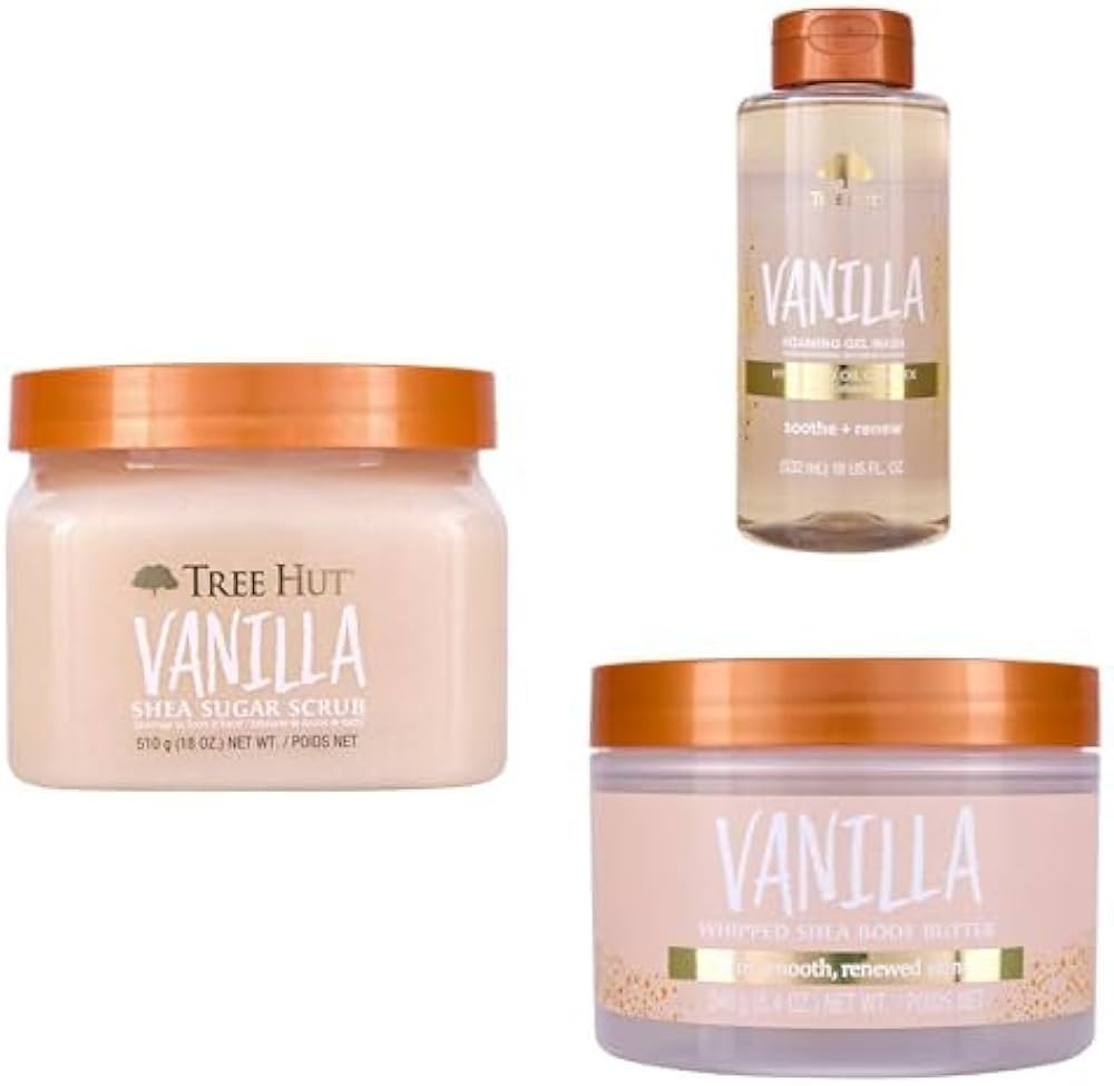 Tree Hut Vanilla Body Care Bundle, Shea Sugar Scrub, Foaming Gel Body Wash & Whipped Body Butter,... | Amazon (US)