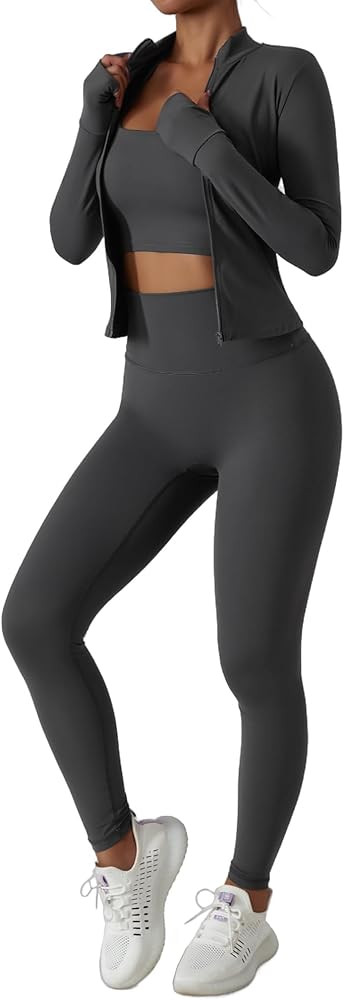 Women’s 3 Piece Workout Set – Sports Bra, Leggings & Jacket with Thumbholes – Yoga Outfit A... | Amazon (US)