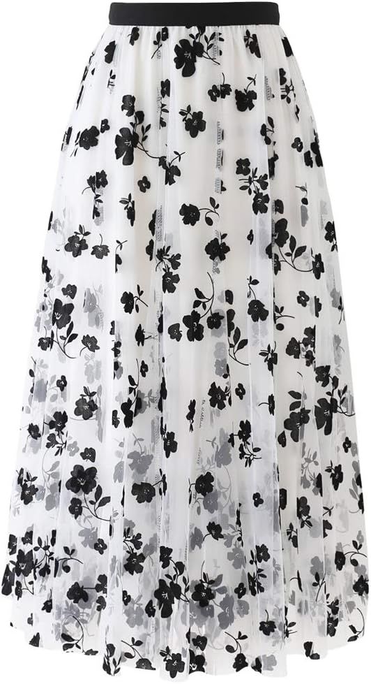 CHICWISH Women's Caramel/Dusty Blue/White/Black 3D Posy Double-Layered Mesh Midi Skirt | Amazon (US)