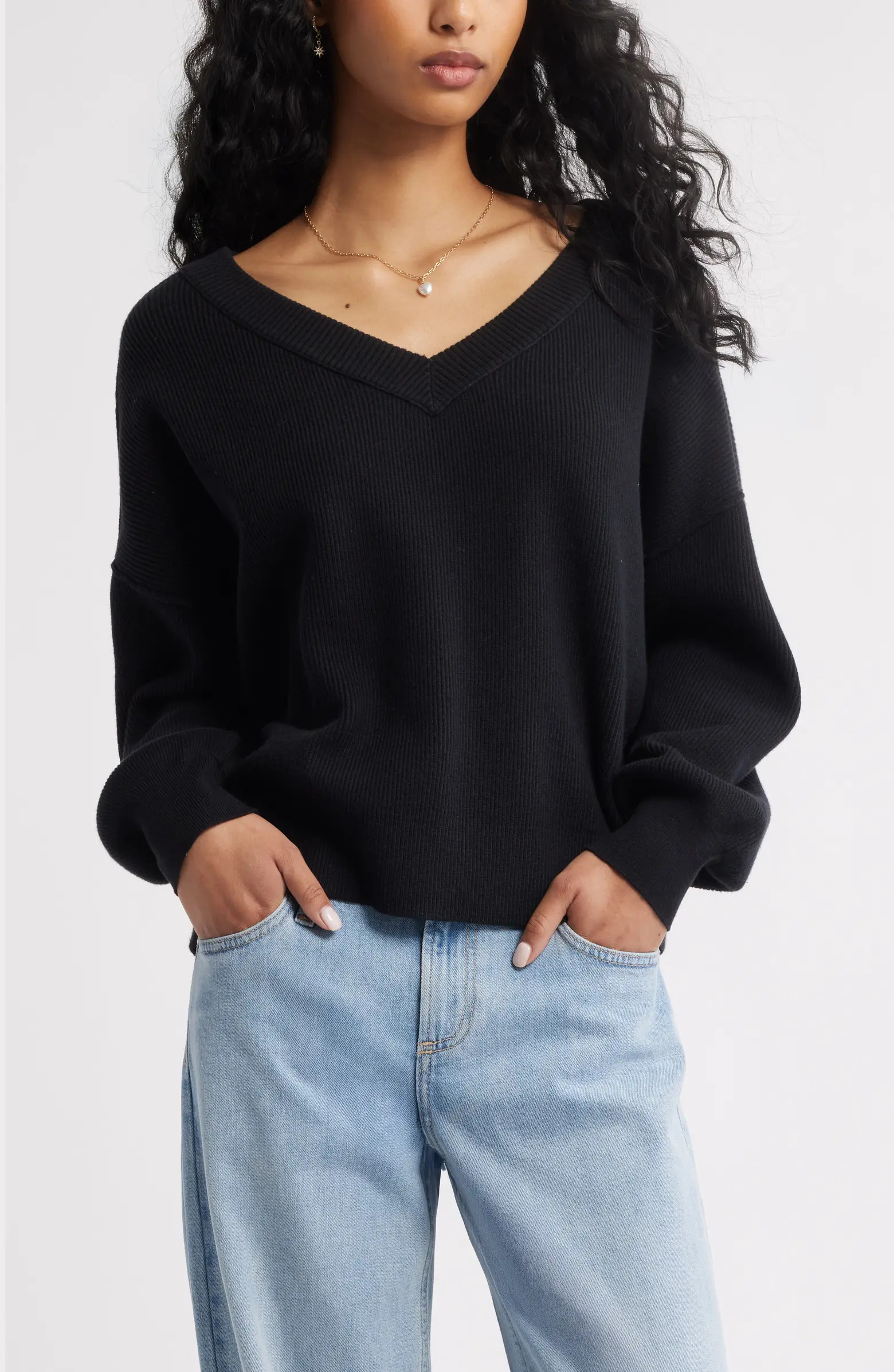 Seamed Oversize V-Neck Rib Sweater | Nordstrom