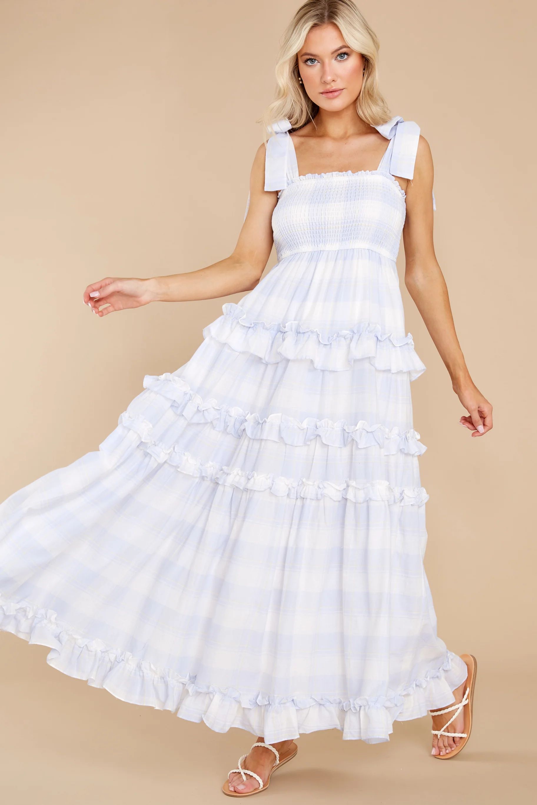 Turn Up The Radio Light Blue Gingham Maxi Dress | Red Dress 