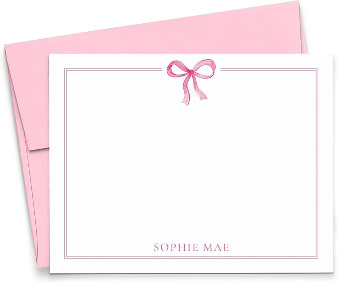 Personalized Pink Bow Notecards With Envelopes, FLAT Custom Stationary With Bows, Girls Watercolo... | Amazon (US)