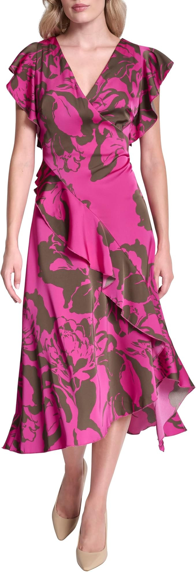 DKNY Women's Ruffle Cap Sleeve Surplice Neck Fit and Flare Midi Dress, Rose Violet/Morel, 2 at Am... | Amazon (US)